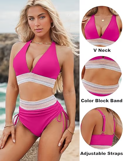 💃Vacation Sale 49% OFF💃High Waisted Tummy Control Color Block Bikini Sets