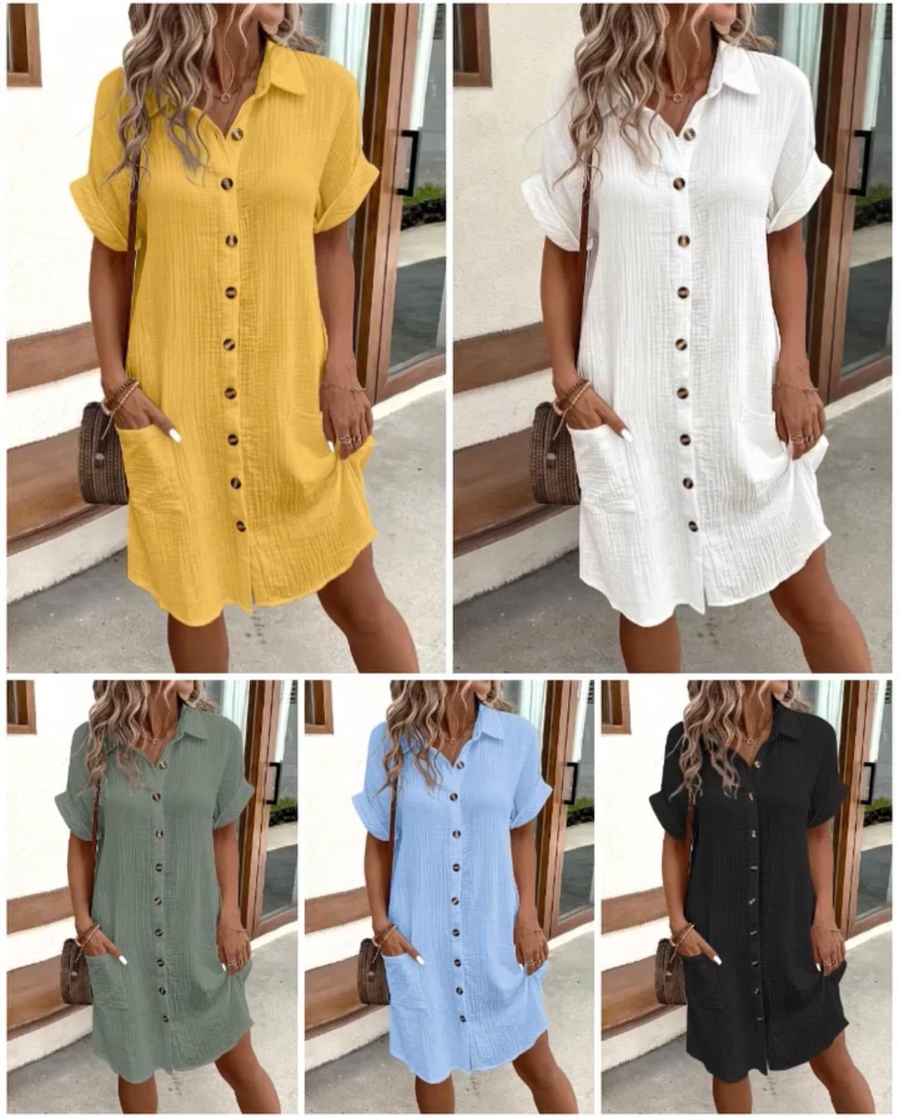 💝Women's Buttoned Short Sleeve Pocket Casual Shirt Dress