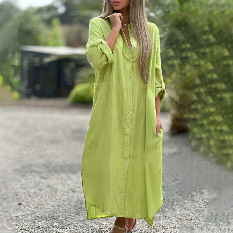 Lapel Long Sleeve Button Down Shirt Dress