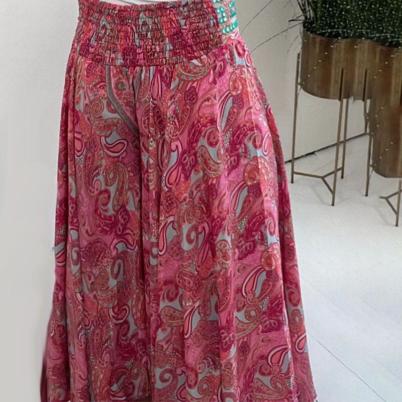 Ethnic Paisley Print Elastic Patchwork-Waist Lightweight Pants