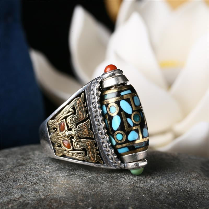 Turquoise Six-character Mantra Nine-eyed Dzi Bead Ring