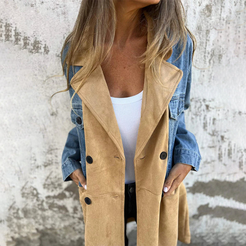 🍁New for autumn✨Mid-Length Trench Coat with Denim Jean Stitching