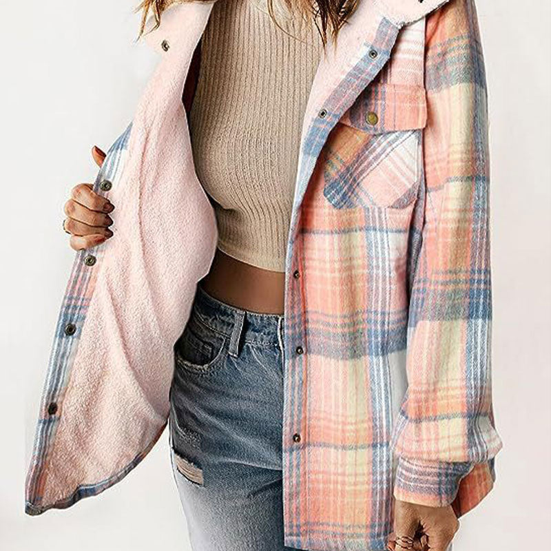 ⏰Free shipping⏰WOMEN'S THICKENED FLANNEL LONG SLEEVE PLAID JACKET COAT WITH HOOD