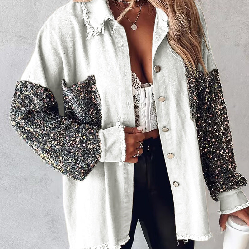 Women's Trendy Sequin Patchwork Coat with Raw Hem