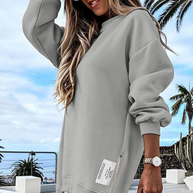 Long Sleeve Pullover Zipper Slit Casual Sweatshirt Dress