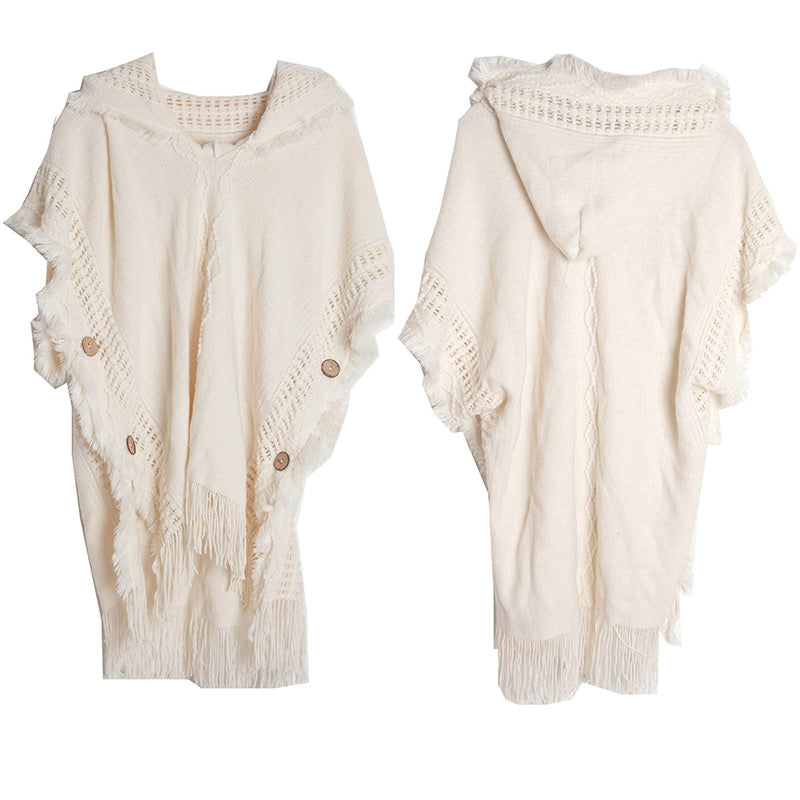 Women’s Elegant Hooded Knit Poncho Sweater with Fringe Trim