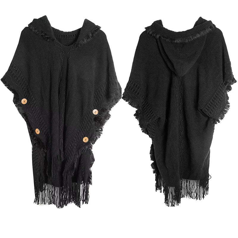 Women’s Elegant Hooded Knit Poncho Sweater with Fringe Trim