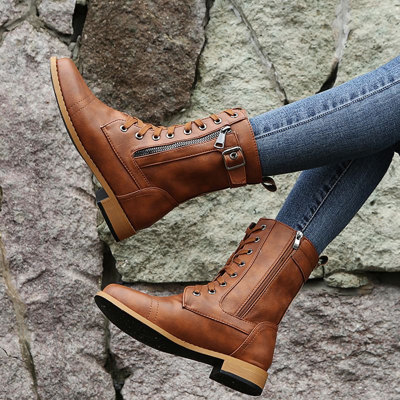 Women's Round Toe Side Zipper Leather Orthopedic Boots