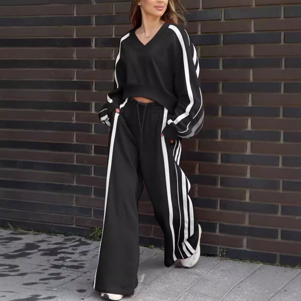 V-Neck Sweatshirt & Wide-Leg Pants 2-Piece Set