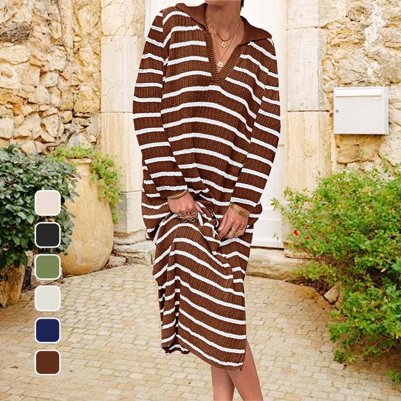 Elegant V-Neck Striped Split Hem Dress