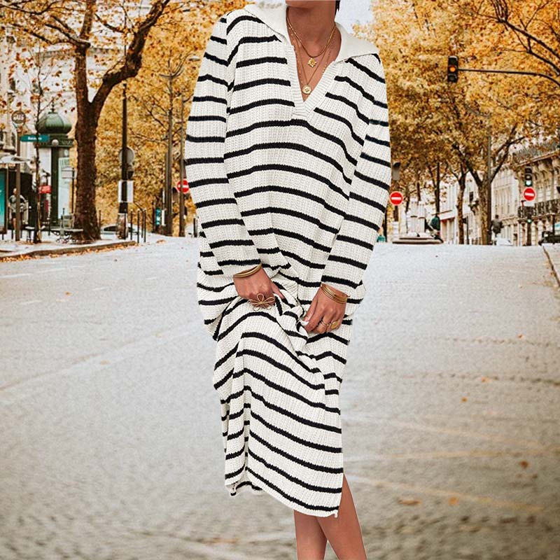 Elegant V-Neck Striped Split Hem Dress