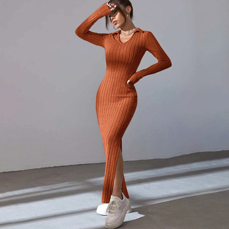 V Neck Bodycon Knit Dress