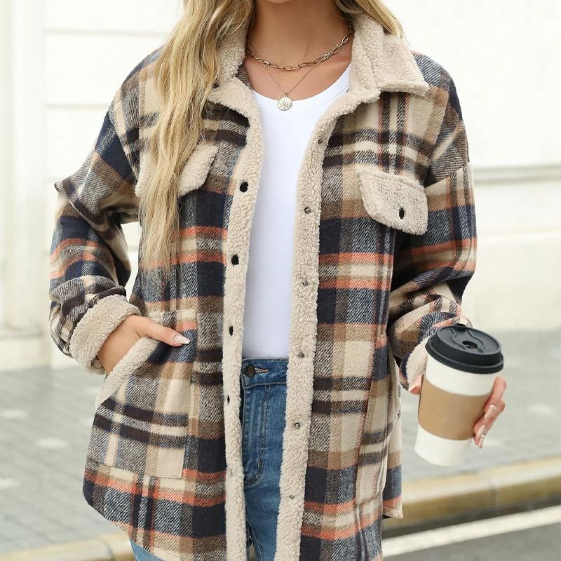 Women’s Casual Sherpa Plaid Long-sleeve Button-down Coat