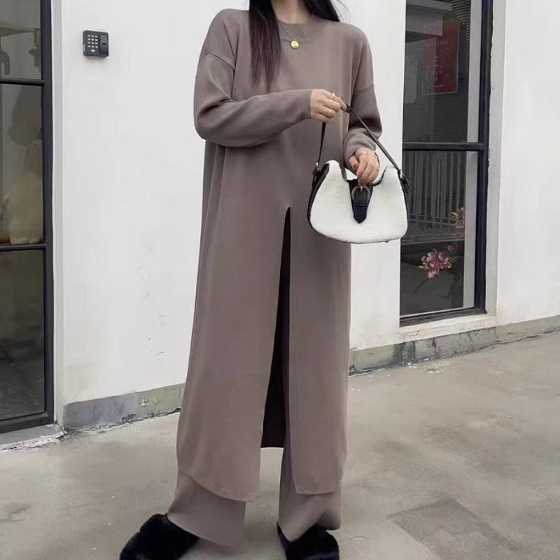 Knitted Slit Top ＆ Long Pants 2-Piece Set