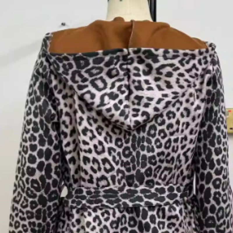 Women's Hooded Leopard Print Open-Front Trench Coat