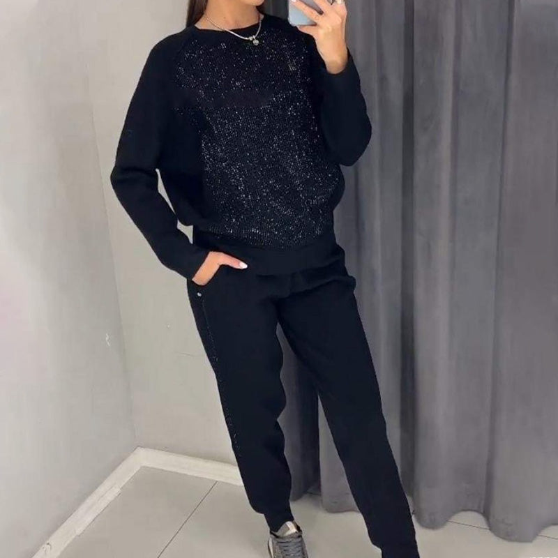 Women's Glitter Rhinestone Sweatshirt & Casual Pants 2 Piece Set