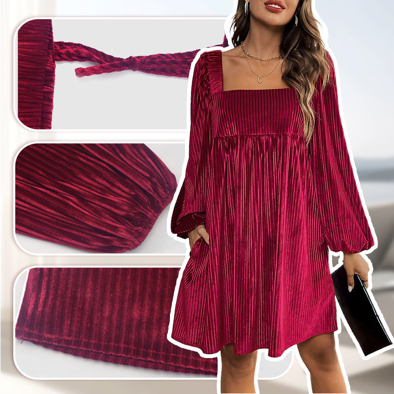 🎅Xmas Sales - 50% OFF🎄Women's Square Neck Velvet Babydoll Dresses with Tie-Back