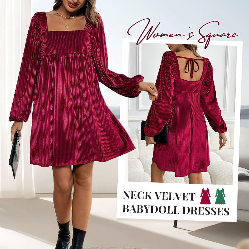 🎅Xmas Sales - 50% OFF🎄Women's Square Neck Velvet Babydoll Dresses with Tie-Back