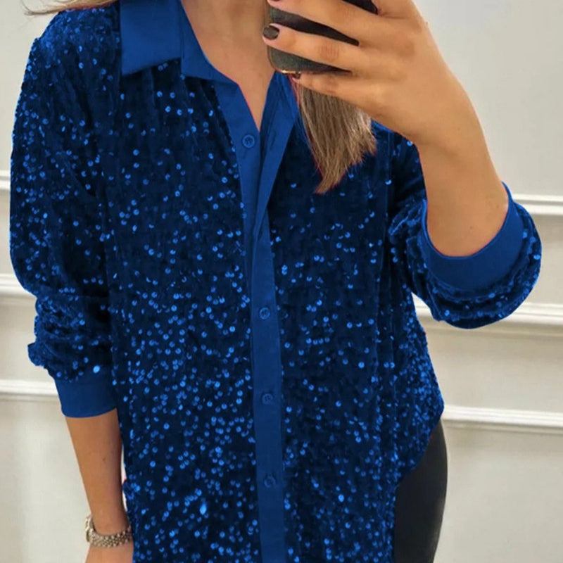 Women's Lapel Button-Down Sparkly Party Shirt