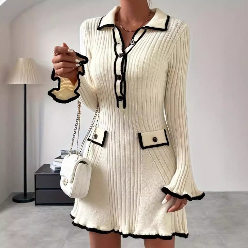 Women's Sexy V-Neck Long Sleeve Button Dress