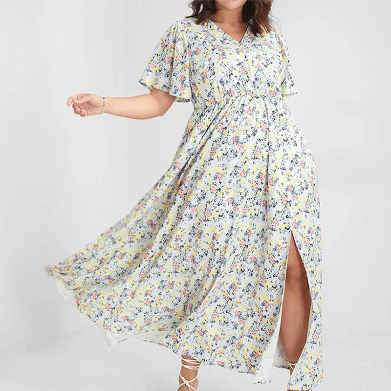 Sweet Floral V-Neck Single-Side Split Dress