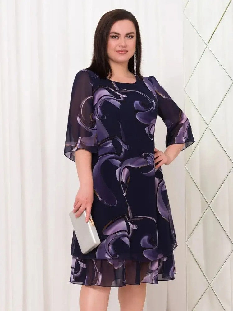 2025 New ruffled sleeve Elegant printed chiffon dresses.