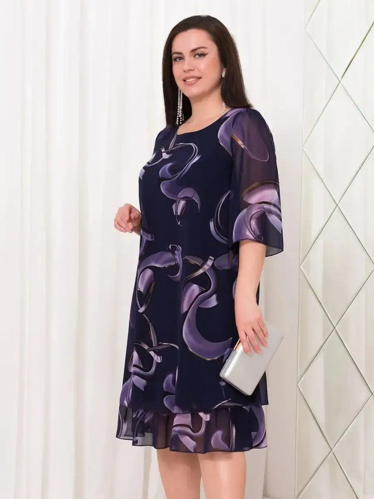 2025 New ruffled sleeve Elegant printed chiffon dresses.