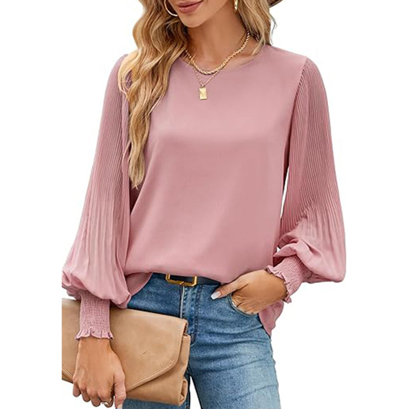 Women's Casual Crew Neck Pleated Lantern Long Sleeve Shirts