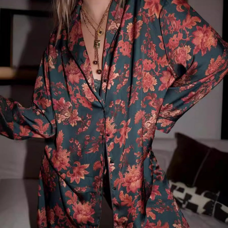 Women's Floral Printed Long Sleeve Pajama Top ＆Pants Two Piece Set