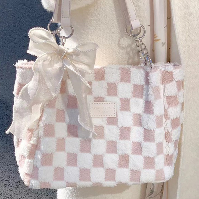 🎁Women's Fashion Plush Plaid Shoulder Tote Bag