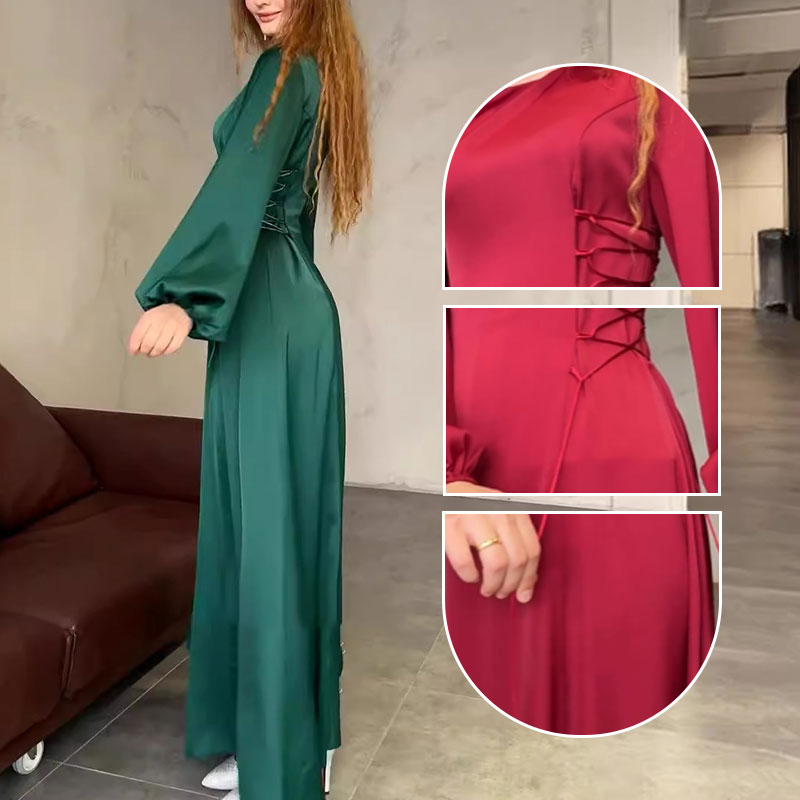 Women's Side-Tie Waist Puff-Sleeve Maxi Dress