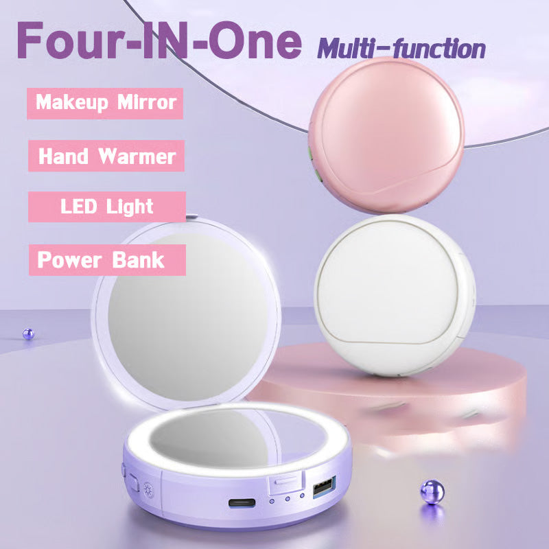 4-in-1 LED Lighted Mirror with Power Bank & Hand Warmer