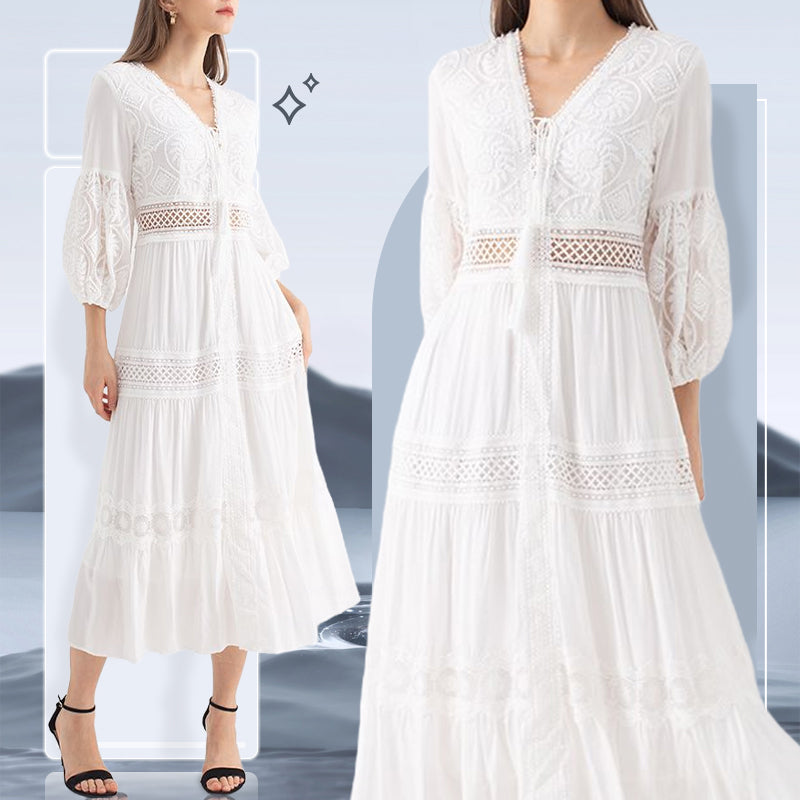 Boho V-Neck White Midi Dress