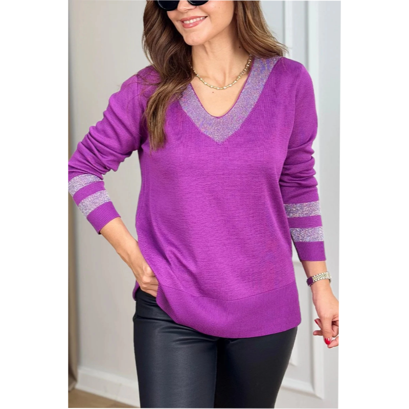 Women's Casual V-Neck Shiny Accent Top