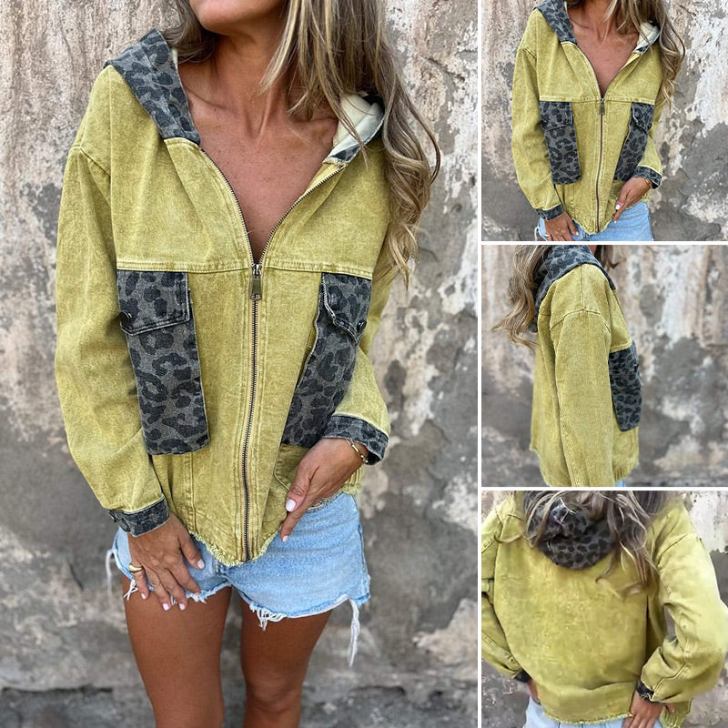 Women's Hooded Zip-Up Denim Jacket with Leopard Print