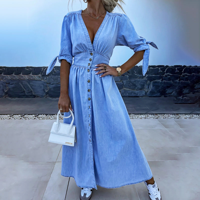 Women's V-Neck Button Down Denim Dress