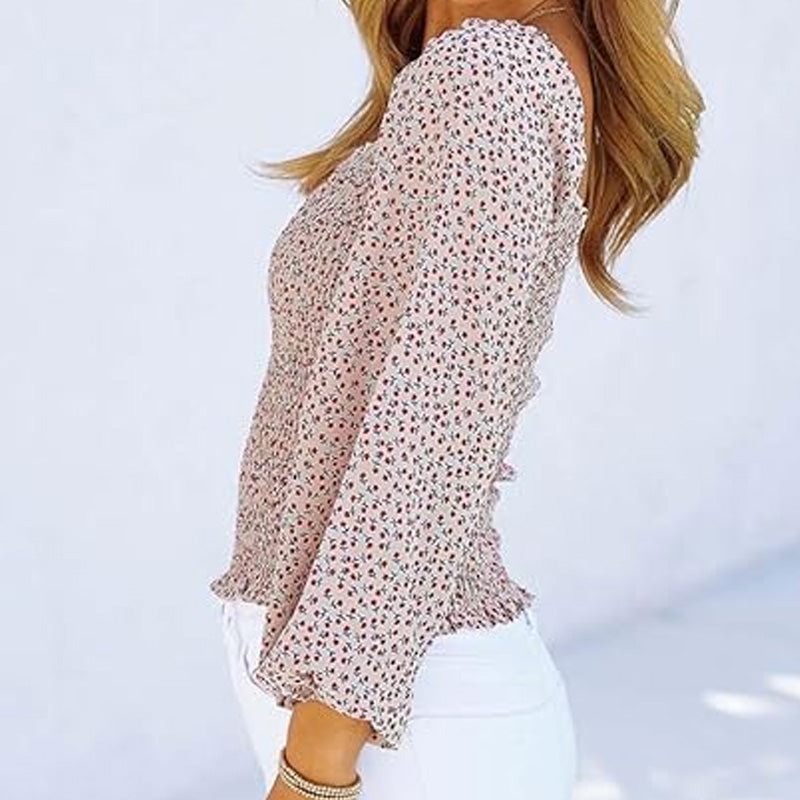 Women's Floral Print Square Neck Long Sleeve Top