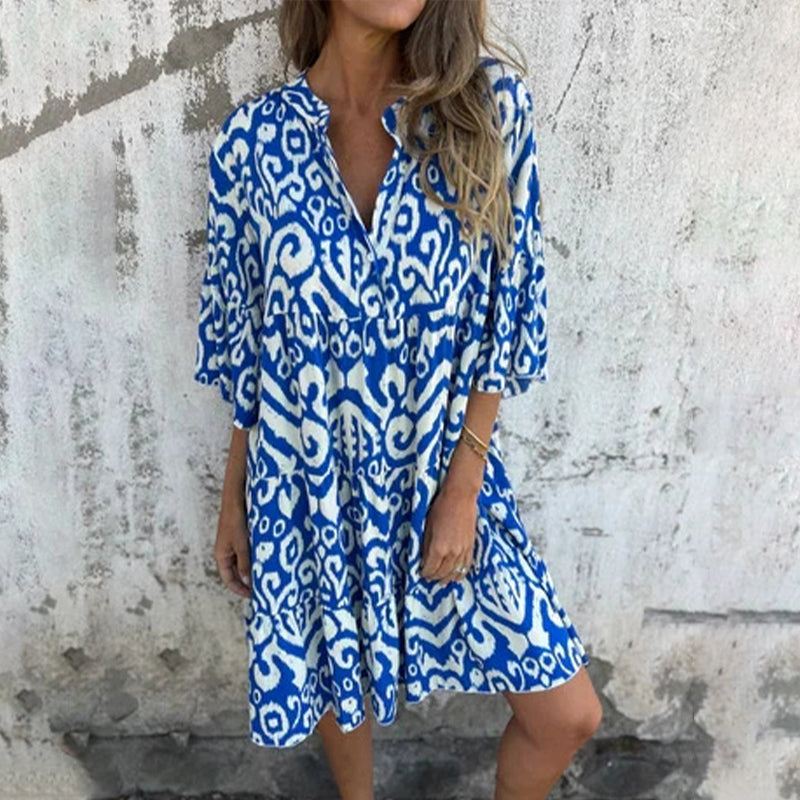 V-Neck Printed Three-Quarter Sleeve Dress