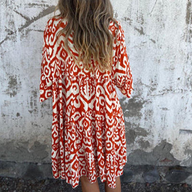 V-Neck Printed Three-Quarter Sleeve Dress