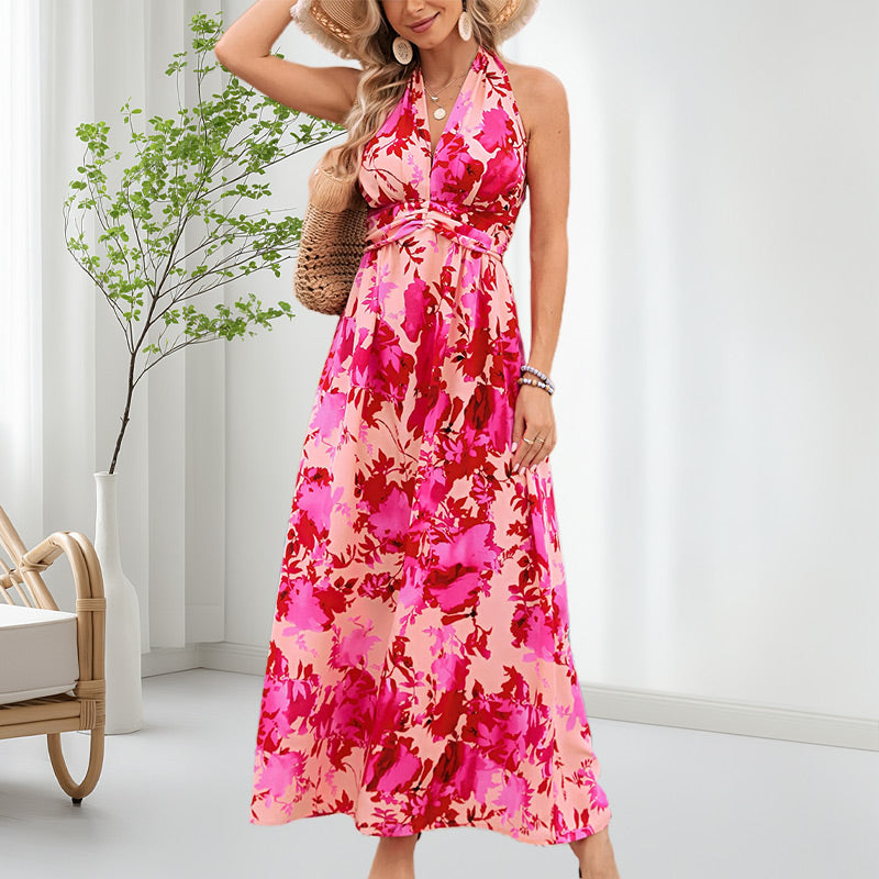 Women's Boho Floral Strap V Neck Halter Dress