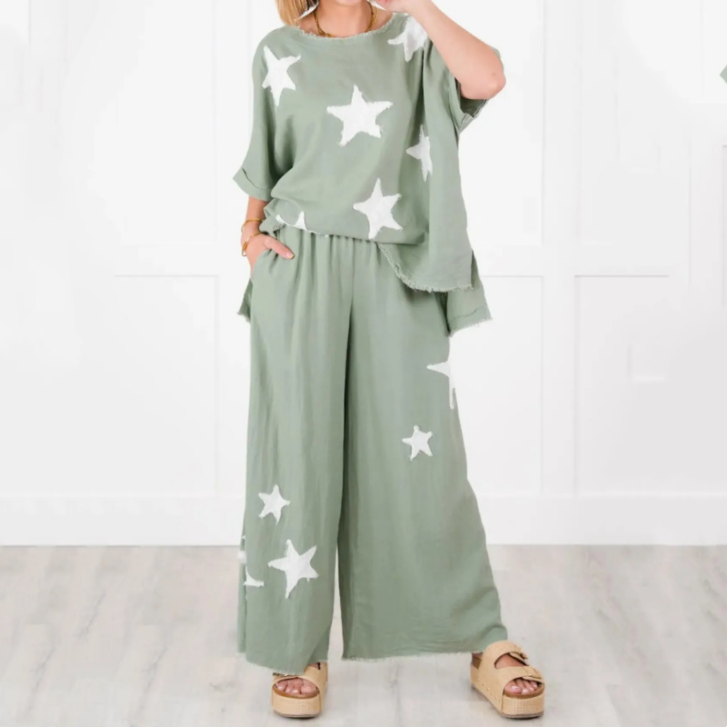 Women's Star Patch Short Sleeve Casual Two-Piece Set