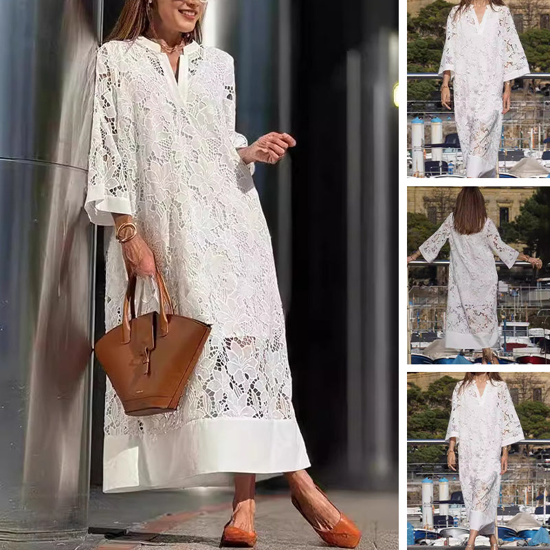 Flowy Lace V-Neck Three-Quarter Sleeve Dress