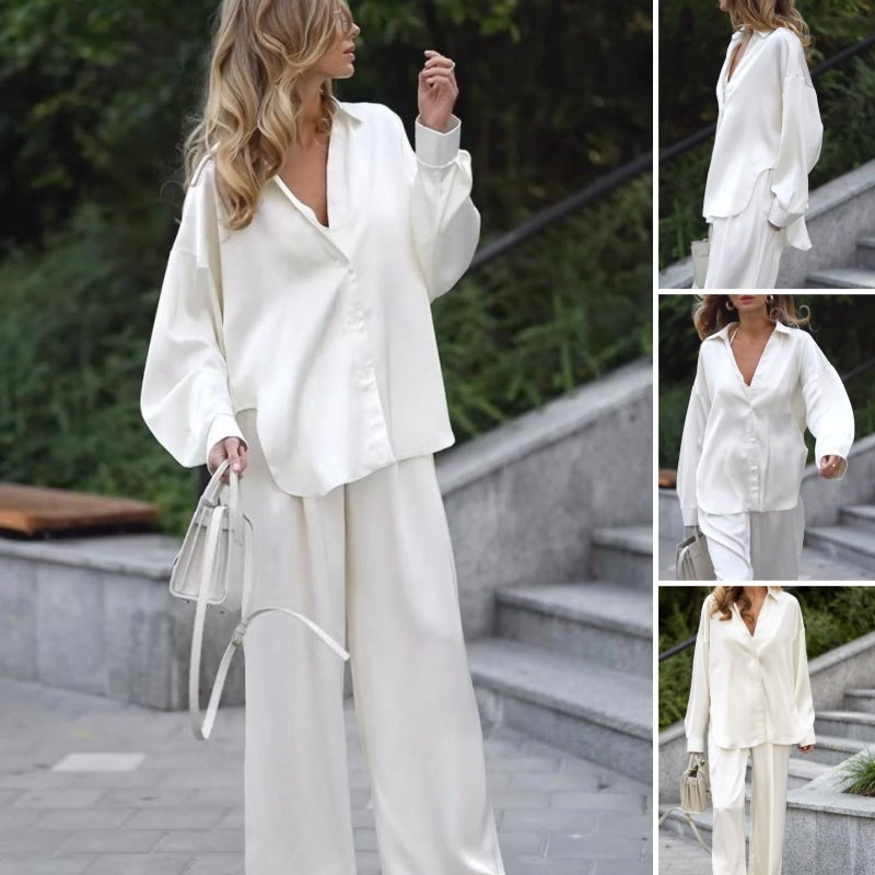 Solid Button-Down Shirt & Wide-Leg Pants 2-Piece Set