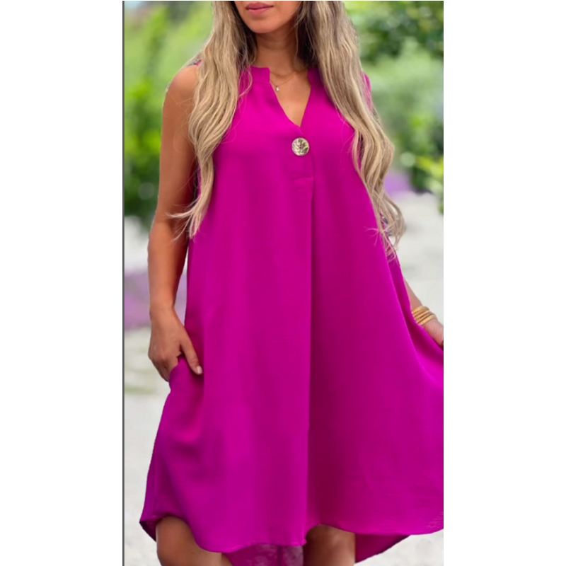 Solid Color Sleeveless V-Neck Dress with Button Decoration