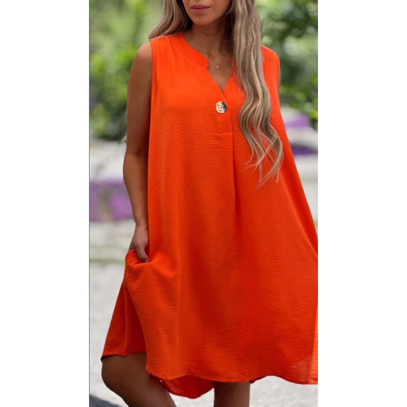 Solid Color Sleeveless V-Neck Dress with Button Decoration