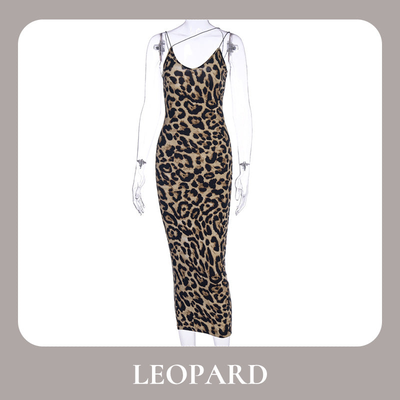 Women's Sexy Spaghetti Strap Leopard/Snake Print Bodycon Maxi Dress