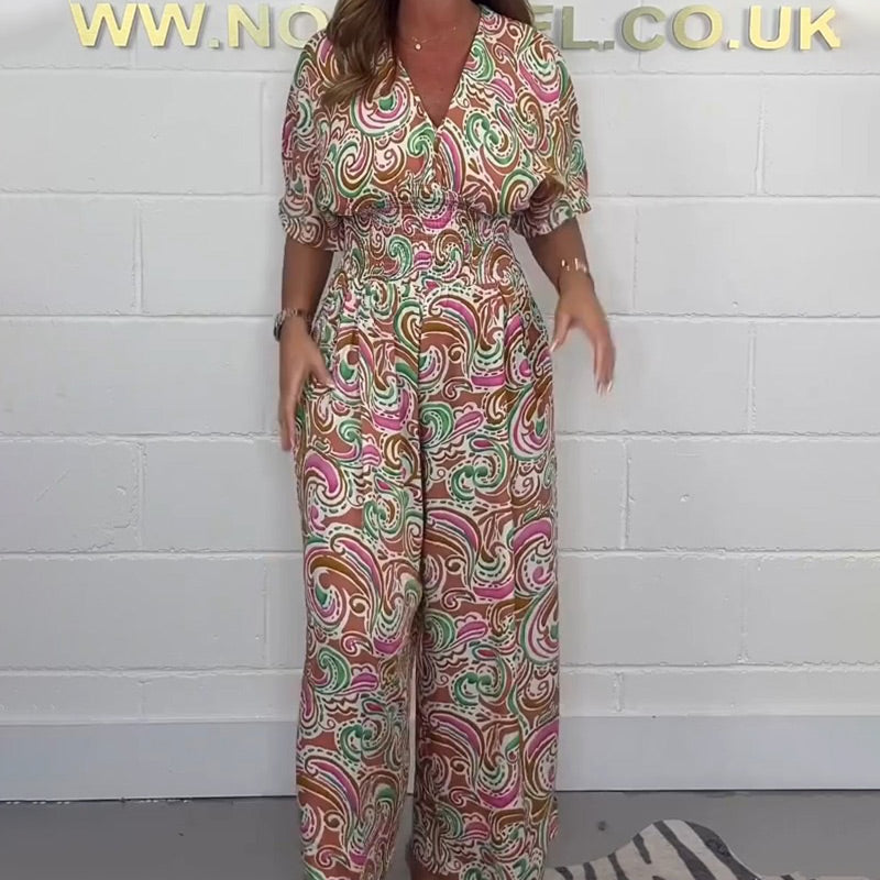 Women's V-Neck Printed Short-Sleeve Jumpsuits